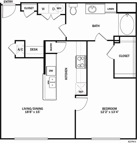 Floor plan for 1 bed, 1 bath, 922 sqft